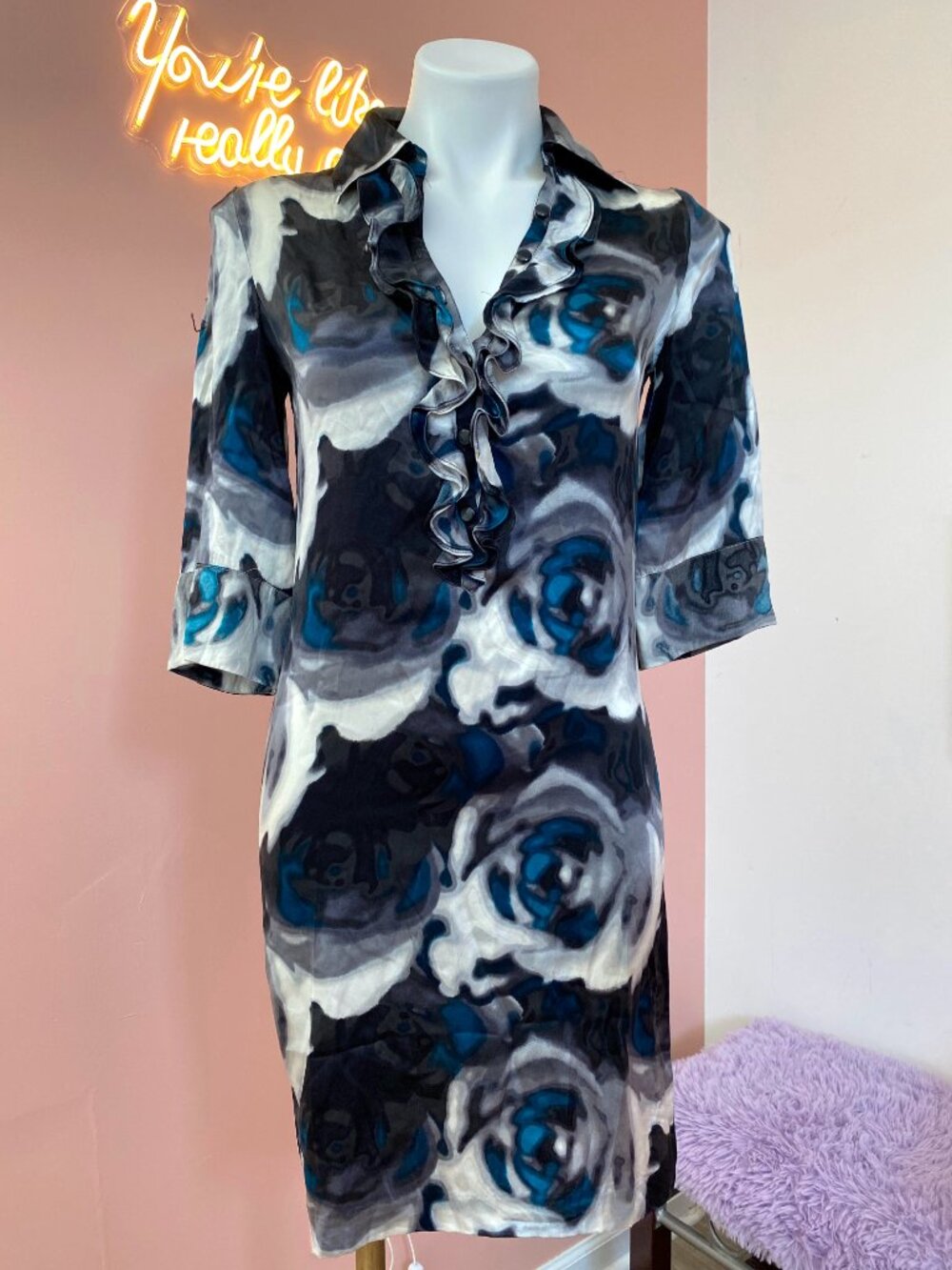 Express Design Studio Dark Floral Ruffle Detail Silk Dress - XSmall